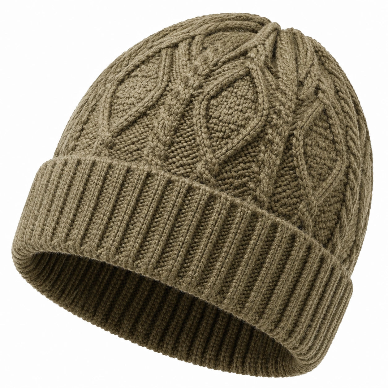 Bonnet taille unique en maille torsadée kaki à revers pour hiver
