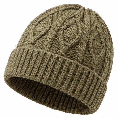 Bonnet taille unique en maille torsadée kaki à revers pour hiver