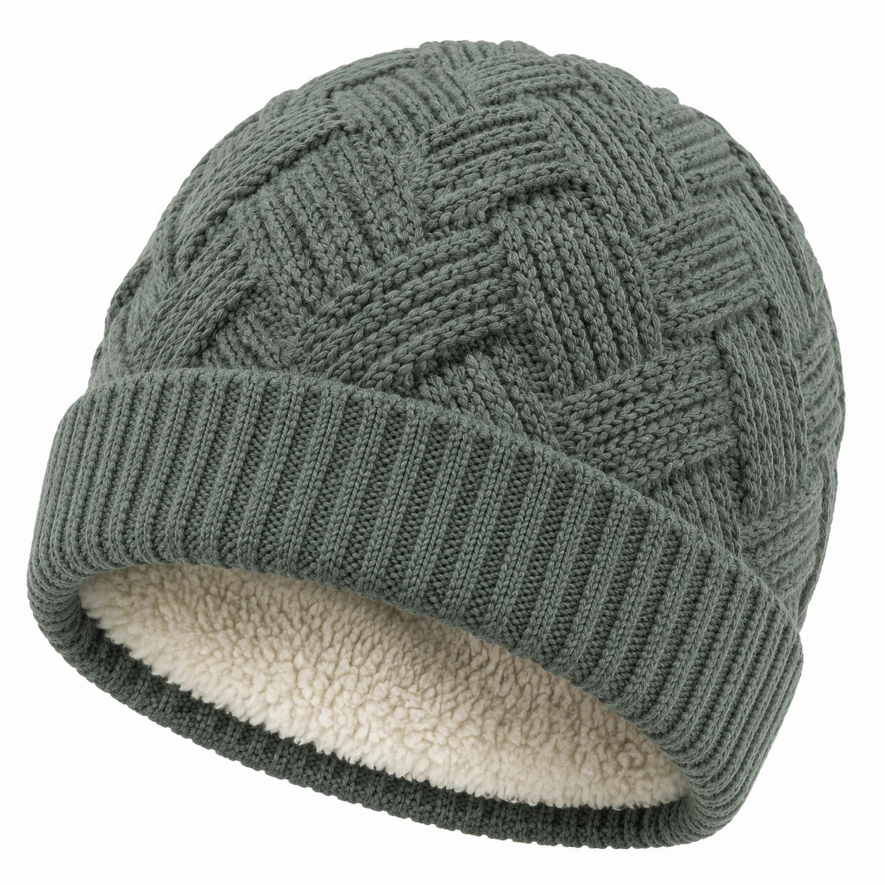 Bonnet taille unique en maille vert sauge doublé chaud style torsadé