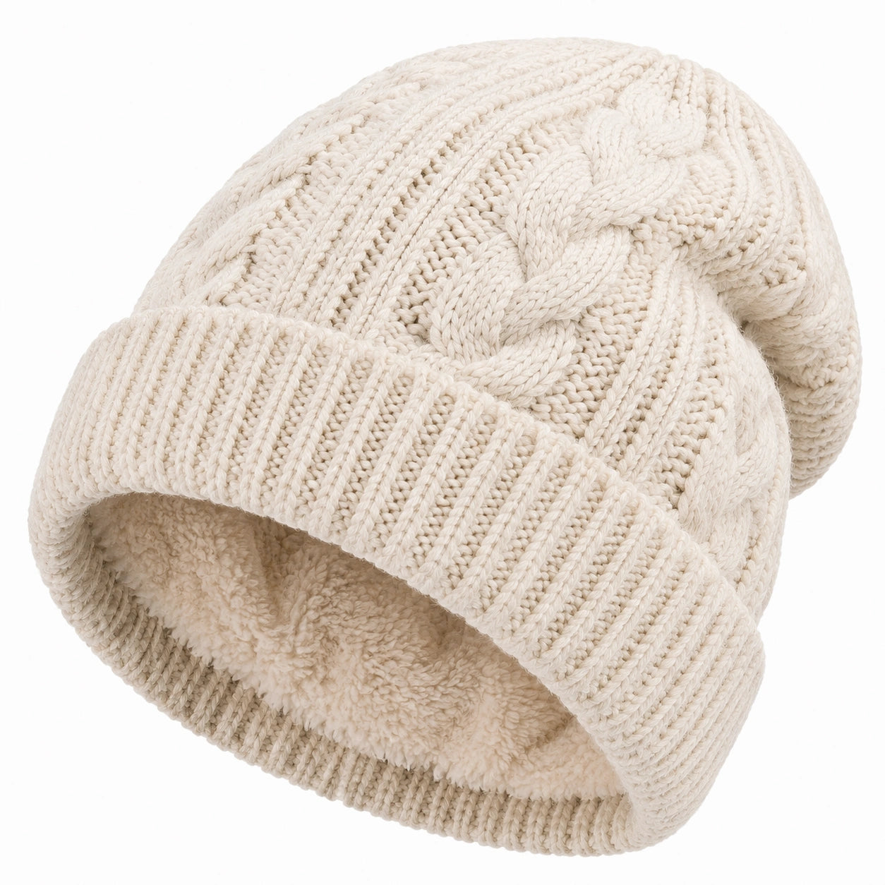 Bonnet unisexe taille unique en maille torsadée beige avec doublure chaude