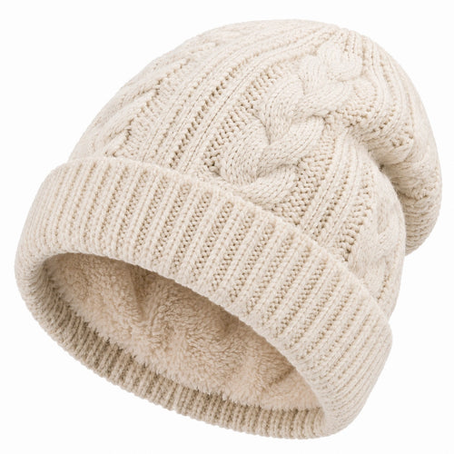 Bonnet unisexe taille unique en maille torsadée beige avec doublure chaude