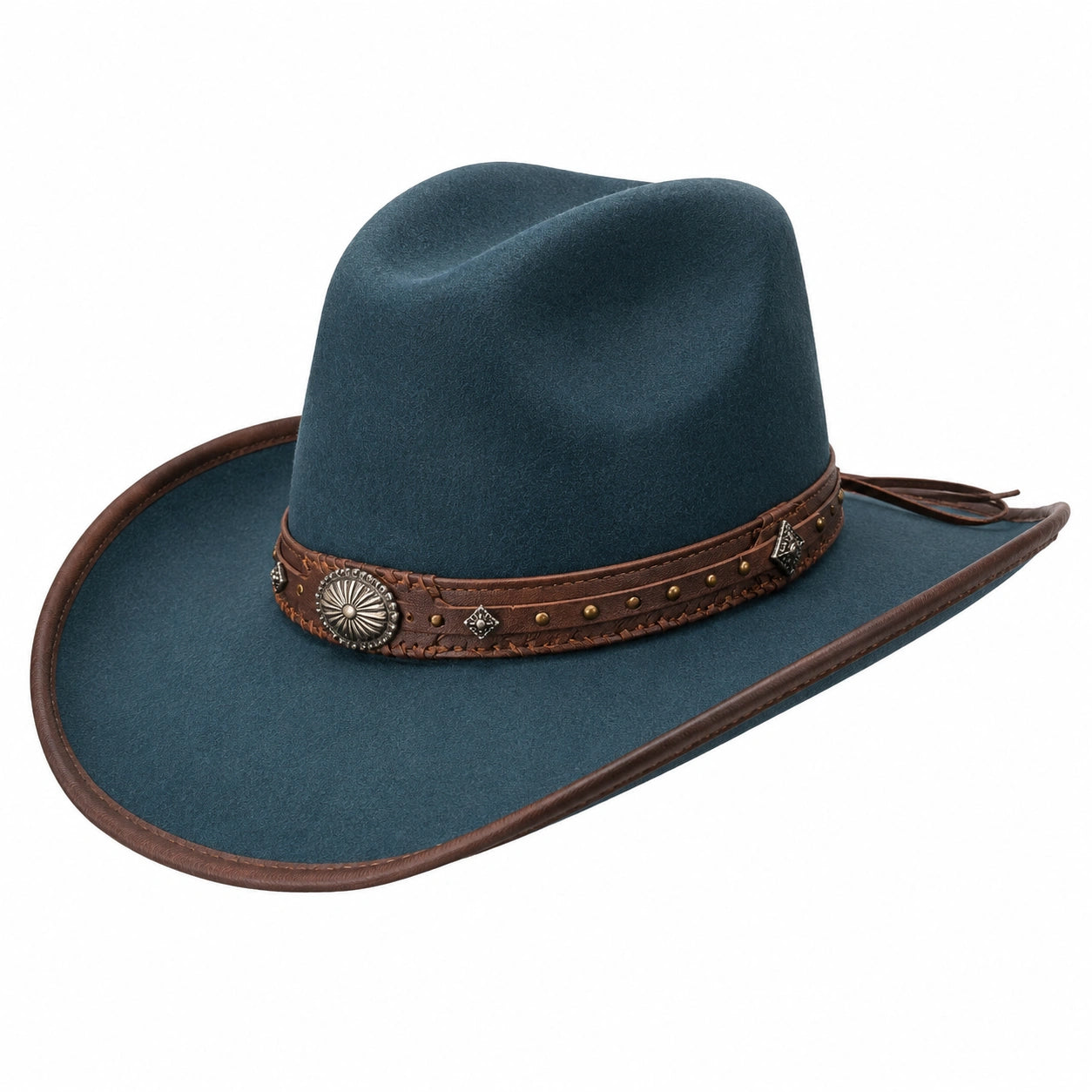 Chapeau cowboy taille unique bleu pétrole en feutre avec bandeau brun style western